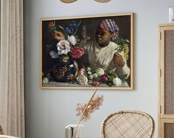 Black Woman with Peonies Frédéric Bazille | Vintage African American Print, Flowers Wall Art, Female Portrait Painting, Equality Poster