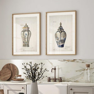 2er Set Chinoiserie Glas Aquarelldrucke, 2 Stück blau graue orientalische Vase Poster, asiatische Wandkunst, französische Keramik, antikes Wohndekor