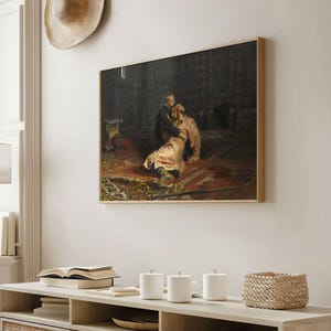 Ilya Repin Ivan de Verschrikkelijke en zijn zoon Ivan op 16 november 1581 | Schilderij, vintage print, fijne muurkunst, poster, artwork antieke foto