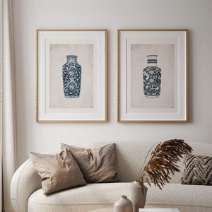 2er Set Chinoiserie Vase Prints, Blaue Behälter Skizze Poster Östliche Japandi Wand Kunst Keramik Zeichnung, Antike Geschirr Dekoration NoEG6