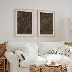 Lot de 2 estampes Jean-Baptiste Monnoyer | Deux impressions sur textile en cuir marron, affiche abstraite moderne du milieu du siècle, art mural d'ameublement