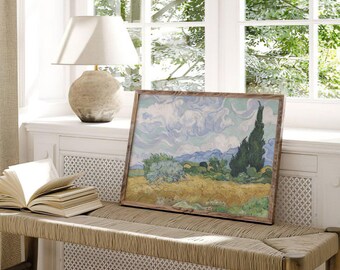 Vincent van Gogh Wheatfield with Cypresses | Vintage Tree Print, Sky Horizon Wall Art, Farmland Landscape Painting, Farm Countryside Poster