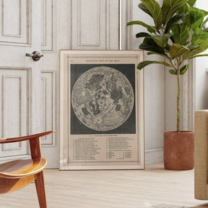 Carte de la Lune télescopique vintage 1886 | impression d'astronomie vintage, peinture, art mural lunaire, affiche céleste, image de l'espace, décoration d'intérieur