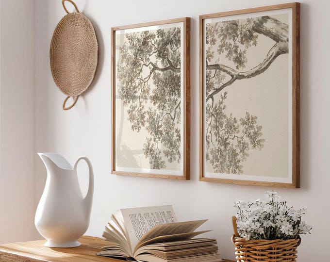Set of 2 Jacob van Strij Prints | Two Tree Branch Posters, Minimal Botanical Wall Art, Earth Tone Drawing, Brown Ink Wash Artwork Home Decor