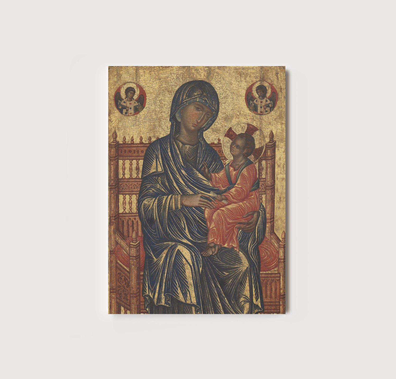 玉座に座る聖母子像の版画 | 13世紀ビザンチン絵画、ヴィンテージ壁画