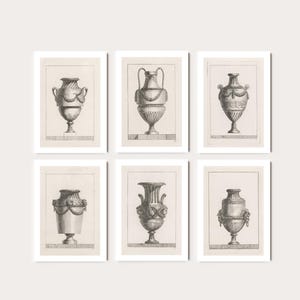 May include: Six black and white illustrations of antique vases with decorative details. The vases are depicted in a simple, elegant style.
