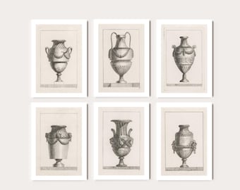 May include: Six black and white illustrations of antique vases with decorative details. The vases are depicted in a simple, elegant style.