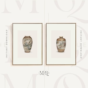 2er-Set Satsuma Vasenglasdrucke | Zwei Stück Fotografie Poster, Asiatische Wand Kunst, Bronze Keramik, Antike Chinoiserie Krug Wohnkultur No12