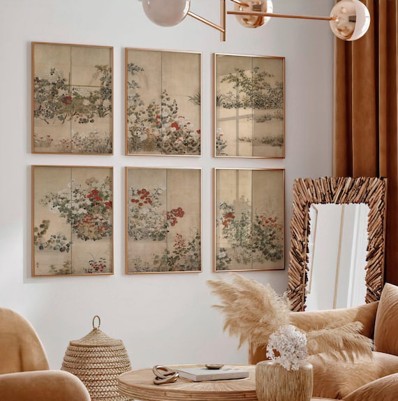 Set of 6 Flowers and Grasses Prints | Six Panel Japanese Triptych