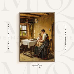 Karl Gebhardt recita la preghiera / Dipinto cattolico d'epoca, stampa di preghiera religiosa, poster devozionale, quadro da parete cristiano dedicato a madre e figlio