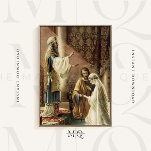 Het huwelijk van Jozef en Maria | Antieke heilige kaart schilderij, vintage religieus huwelijk print, bruiloft poster cadeau, kunst aan de muur, illustratie