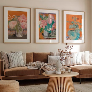 Set of 3 Flower Study Prints | Three Vintage Botanical Posters, Orange Wall Art, Vase of Roses Artwork, Plant Pot Decor, Colourful Gifts