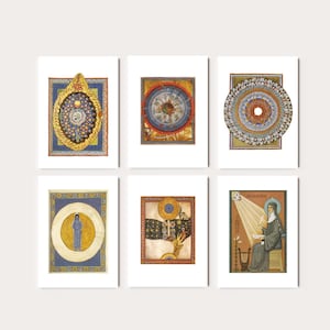 May include: Set of six art prints featuring medieval illustrations. The prints showcase detailed artwork with celestial, geometric, and religious themes. Each print has a unique design with vibrant colors, including gold, blue, and red, and are framed with decorative borders.
