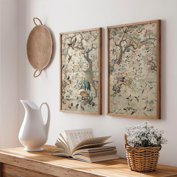 Set of Two Embroidered Chinoiserie Panel With Birds Prints