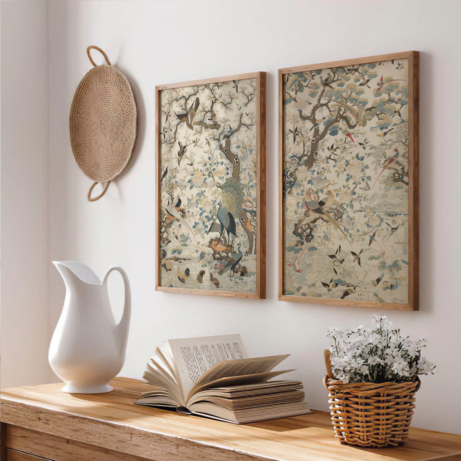Set of Two Embroidered Silk Chinoiserie Panel with Birds Print | Vintage Japanese Tapestry, Wall Art, Poster, Asian Silk Textile Artwork