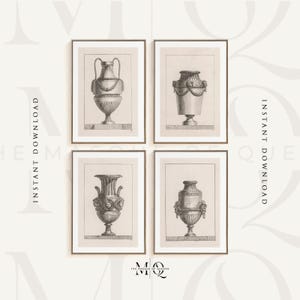 Juego de 4 grabados de jarrones / Cuatro imágenes de arquitectura vintage, diseño de taza romana, dibujo de arte de pared, póster de urna italiana J3456, decoración del hogar