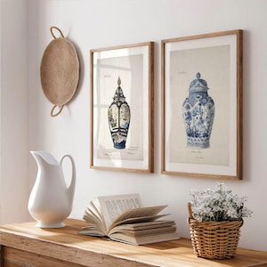 Set of 2 Jar Prints, Two Blue Grey Oriental Vase Posters, Asian Chinoiserie Pot Wall Art, French Pottery, Watercolour Painting Home Decor