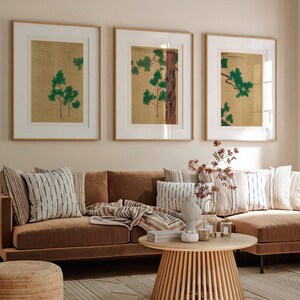 Set of 3 Suzuki Kiitsu Hinoki Cypress Tree Prints | Three Asian Botanical Triptych Poster, Gold Forest Hanging Wall Art, Nature Home Decor