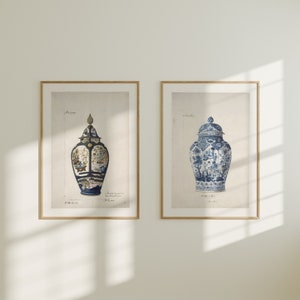 2er Set Glas Prints, Zwei Blau Graue Orientalische Vasen Poster, Asiatische Chinoiserie Topf Wandkunst, Französische Keramik, Aquarellmalerei, Home Decor
