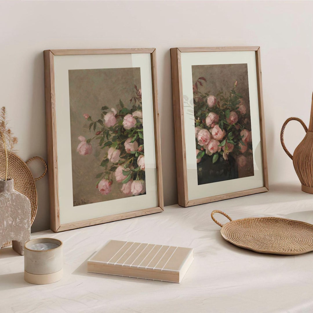Set of 2 Edith White Roses Prints | Two Piece Vintage Peony Flower