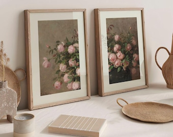 Set of 2 Edith White Roses Prints | Two Piece Vintage Peony Flower