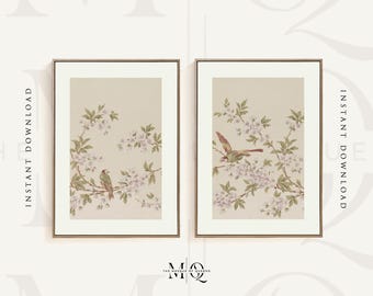 Set of 2 Birds Perched on a Branch Prints | Antique Sidewall Wall Art, Two Vintage Chinese Chinoiserie Posters Asian Wallpaper Panel Artwork