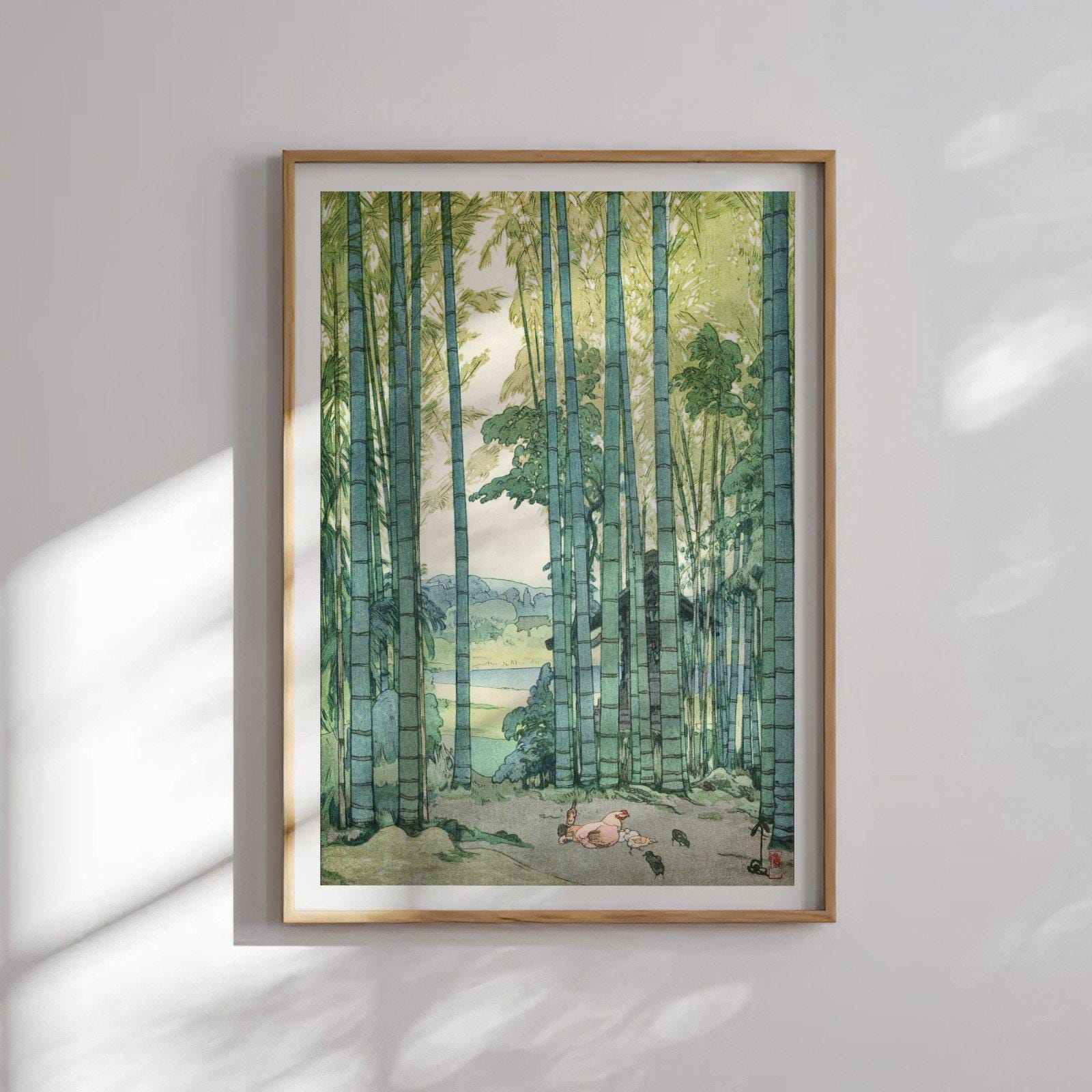 ヴィンテージ　版画　絵画　大きい絵　木立の絵　林の絵 吉田博「竹林」｜新版画木版画ポスター、ヴィンテージ風景画、日本の鶏
