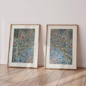 Set of 2 Nasr ol Molk Mosque Prints | Iranian Architecture Poster, Islam Artwork, Vault Ceiling Wall Art, Iran Mosaic Tile Home Decor
