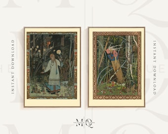 Ivan Bilibin Print Set, Vasilisa At The Hut + Baba Yaga | Vintage Fairy Tale Illustration Print Polish Folklore Fine Art Wall Poster Picture