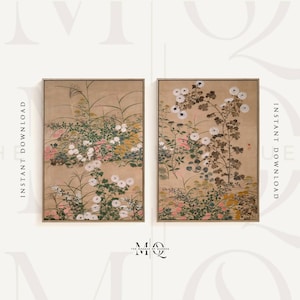 2er Set Ogata Korin Prints | Zwei Wichtige Kunstobjekt Blühende Pflanzen im Herbst Poster, Vintage Japanische Tusche Zeichnung Wand Kunst Landschaft