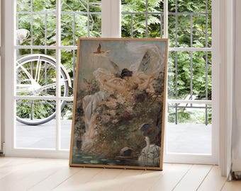 Hans Zatzka Two Fairies Embracing | Antique Female Couple Painting, Vintage Lesbian Print, Wall Art, LGBT Poster Sapphic Artwork Pictures