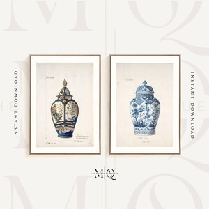 Juego de 2 impresiones en tarro, dos carteles de jarrones orientales de color gris azulado, arte de pared de macetas de estilo chinoiserie asiático, cerámica francesa, pintura de acuarela para decoración del hogar
