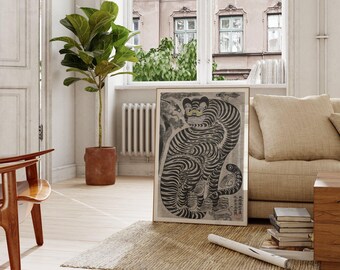虎とカササギの魔除けの絵｜韓国文化の絵画、中国のヴィンテージ版画
