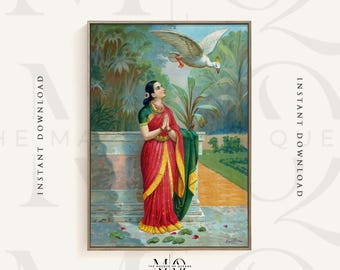 Raja Ravi Varma Haunsa Damayanti Sanwada | Portrait indien, impression vintage, affiche d'art mural fine, oeuvre d'art, photos