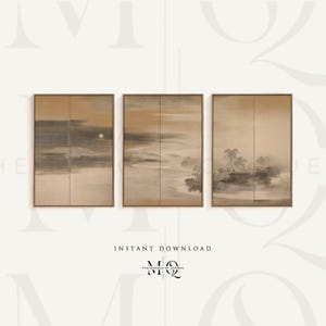 May include: Three framed prints of Japanese-style landscape paintings. Each print features a different scene with a muted color palette of beige, brown, and gray. The prints are framed in a simple, light wood frame.