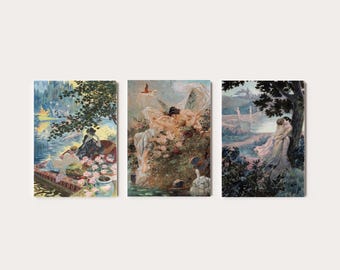 May include: Set of three art prints featuring classical paintings. The artworks depict scenes of figures in nature, with soft color palettes of blues, greens, and creams. The prints are mounted on a neutral background.