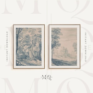 Set of 2 Isaak Major Landscape Prints | Two French Paintings, Blue Pen Ink Drawing, Vintage Countryside, Wall Art Decor, Chinoiserie Poster