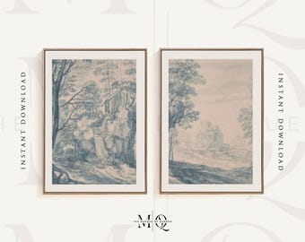Set of 2 Isaak Major Landscape Prints | Two French Paintings, Blue Pen Ink Drawing, Vintage Countryside, Wall Art Decor, Chinoiserie Poster