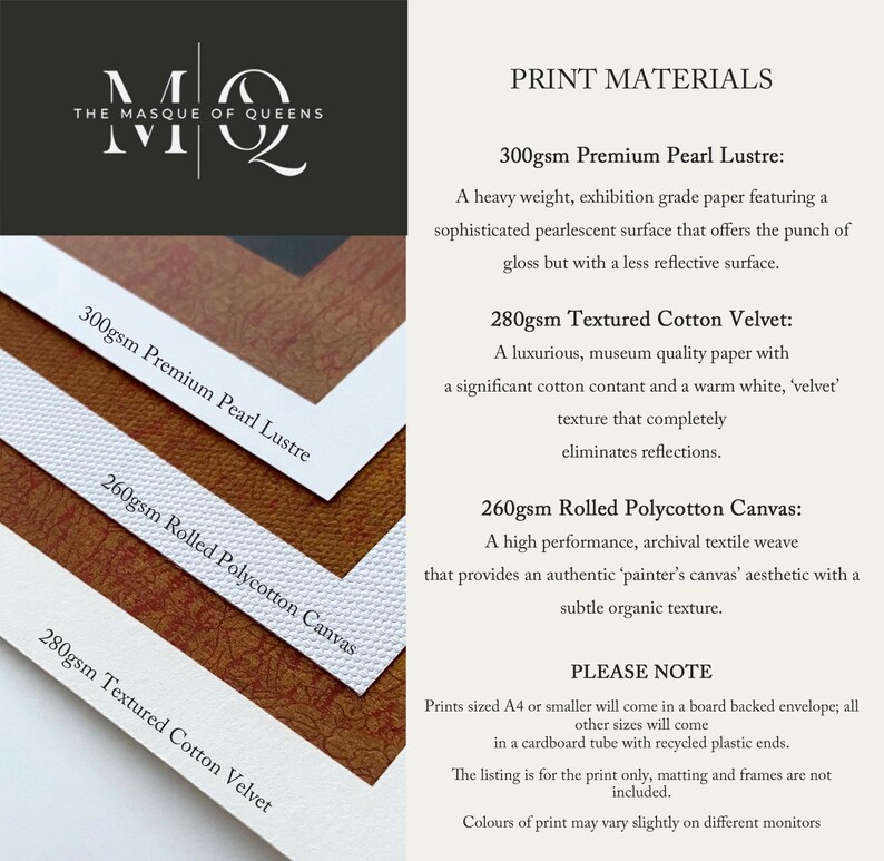 The image is a collection of print materials, including a 300gpm Premium Pearl Lustre, a 280gpm Textured Cotton Velvet, and a 260gpm Rolled Polycotton Canvas. The materials are described as high-quality, with a luxurious texture and a subtle organic feel. The note advises that the print sizes range from A4 to A4, and that the print is for the print only, with matting and frames not included. The colors of print may vary slightly on different monitors.