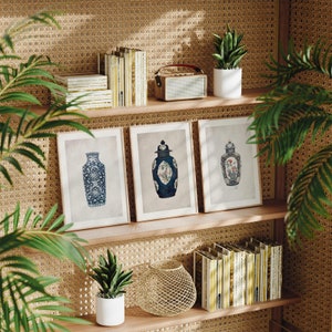 3er-Set neutrale Tonvasendrucke, Drei Keramik-Japandesign-Poster, traditionelle asiatische Wandkunst, Vintage französische Keramikzeichnung EG26A7
