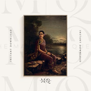 May include: A painting of a woman in a purple sari sitting on a rock by a river. The woman is looking to the right and has a serene expression on her face. The background is a lush green forest with a river in the foreground. The sky is a soft blue with a few clouds.