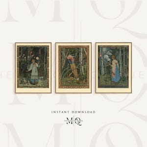 Puede incluir: Tres ilustraciones enmarcadas de mujeres con vestimenta tradicional rusa caminando por un bosque. Las ilustraciones son de estilo vintage con colores apagados y detalles intrincados.