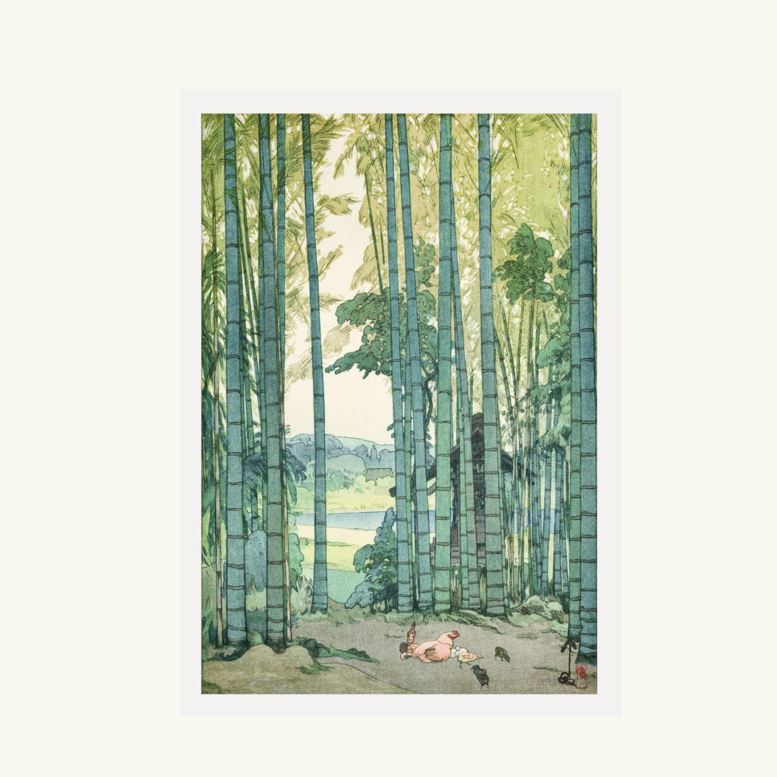 吉田博「竹林」｜新版画木版画ポスター、ヴィンテージ風景画、日本の鶏