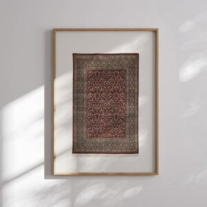 Textile No4 Bidjar Floor Rug | Dark Red Persian Textile Print, Bohemian Bidjar Wall Hanging, Arabesque Poster, Red Kurdistan Carpet Artwork