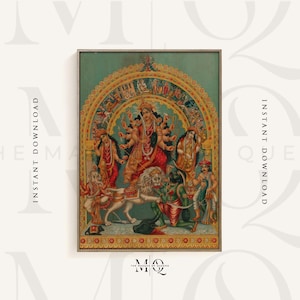 Puede incluir: Una ilustración vintage colorida de la diosa hindú Durga, montando un león. Tiene ocho brazos y sostiene varias armas. Está rodeada de otras figuras, incluyendo un hombre con una espada y una mujer con un arco y una flecha. La imagen está sobre un fondo azul con un arco dorado.