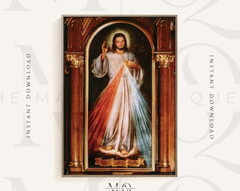 Könnte beinhalten: Ein Gemälde von Jesus Christus mit Lichtstrahlen, die von seinem Körper ausgehen. Das Gemälde ist in einem Holzrahmen mit goldener Verzierung gefasst. Der Text "Jesus, ich vertraue auf dich" ist auf einem Banner am unteren Rand des Gemäldes geschrieben.
