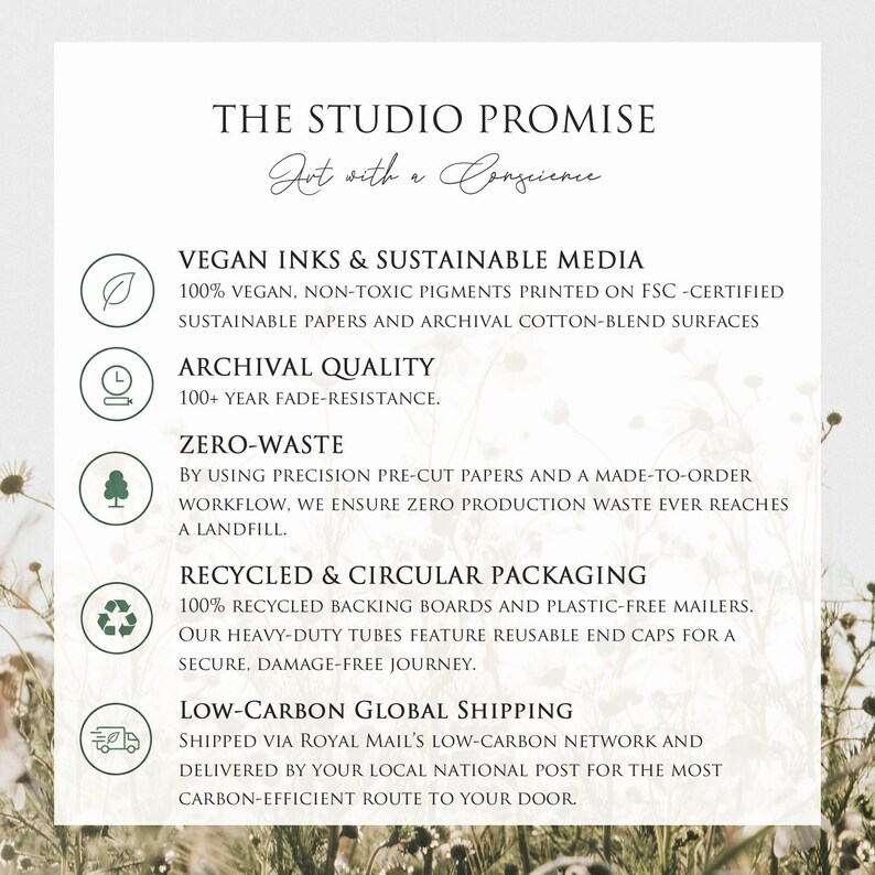 The image is a promotional poster for a company called "The Studio Promise", which emphasizes their commitment to sustainability and ethical practices.