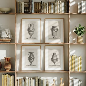 Juego de 4 grabados de jarrones / Cuatro imágenes de arquitectura vintage, diseño de taza romana, dibujo de arte de pared, póster de urna italiana J3456, decoración del hogar