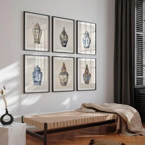 Set of 6 Chinoiserie Jar Watercolour Prints, Six Piece Blue Grey Oriental Vase Posters, Asian Wall Art, French Pottery, Antique Home Decor