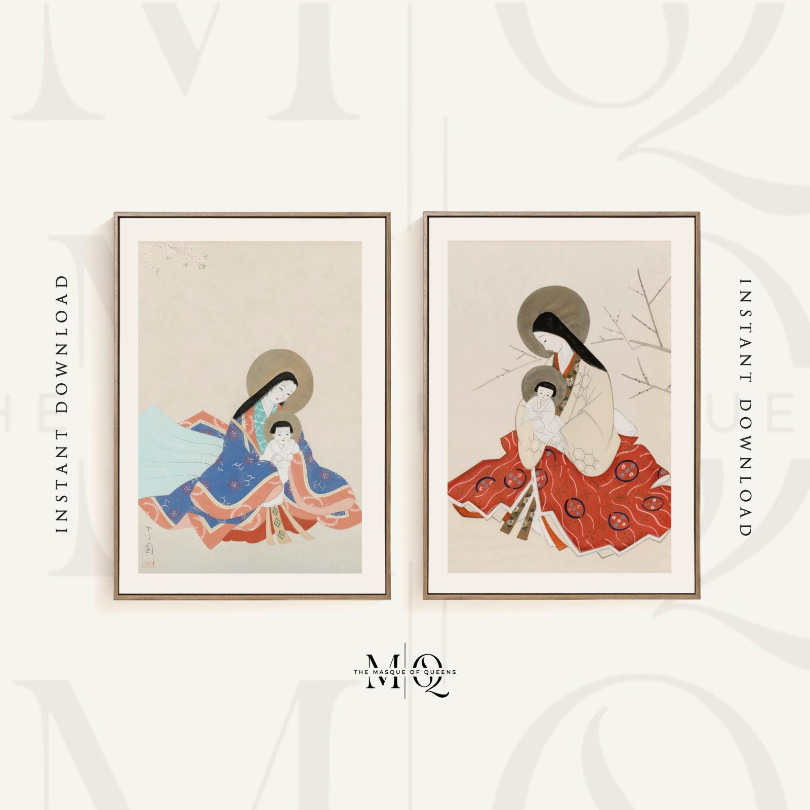 聖母マリアとキリストの幼子の版画 2 枚 | 日本のカトリックのポスター